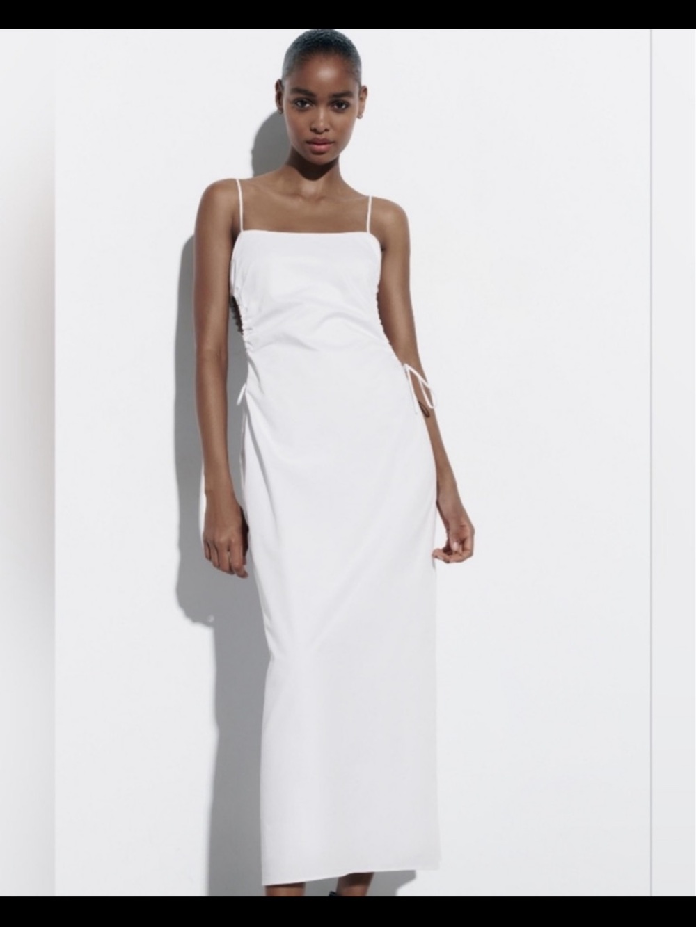 Zara White Maxi Dress with ruched side cutouts